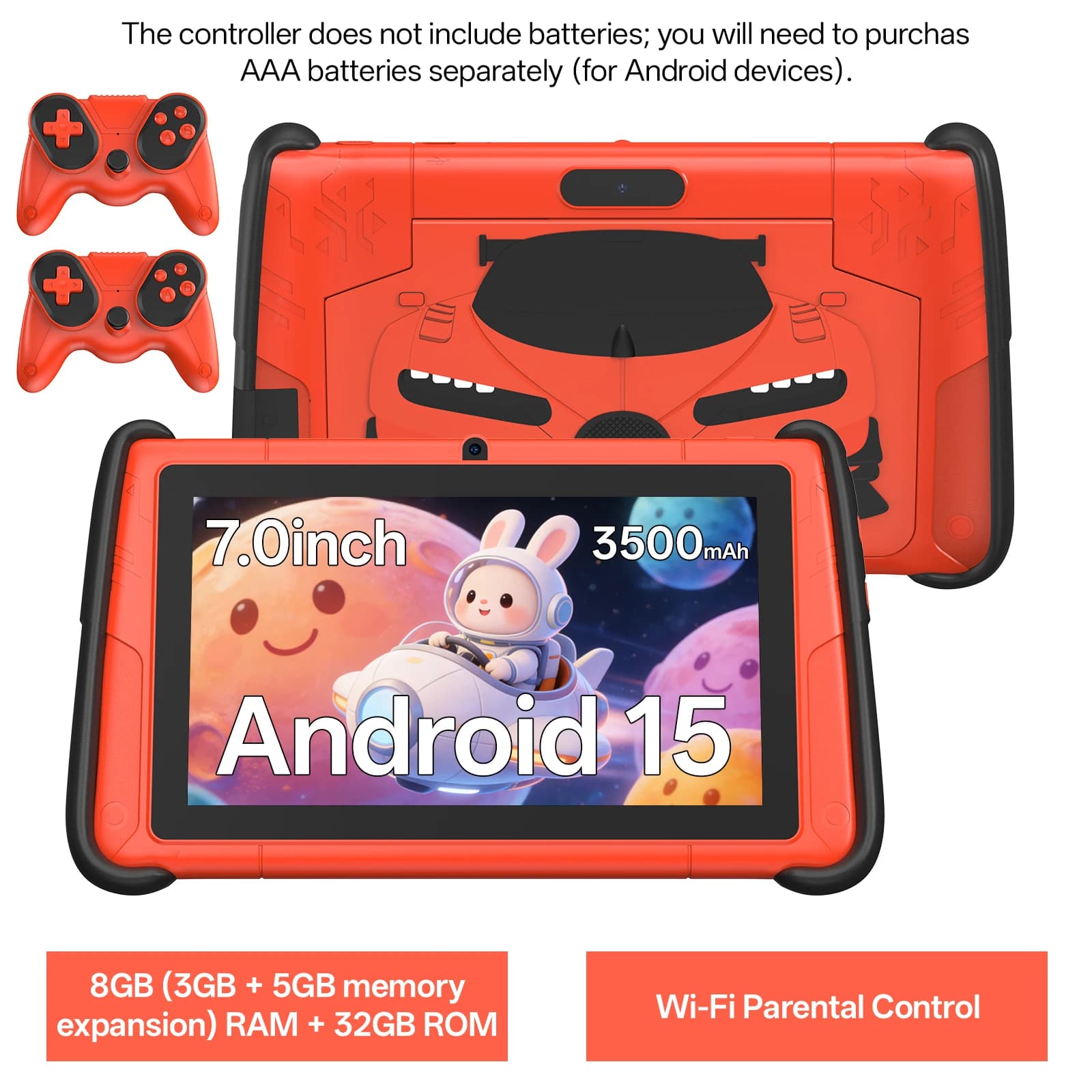 New 7-inch Children's Tablet, Android System 15, 8(3+5)GB RAM + 64GB Memory, Quad-core Processor, Double Camera, WiFi, Bluetooth