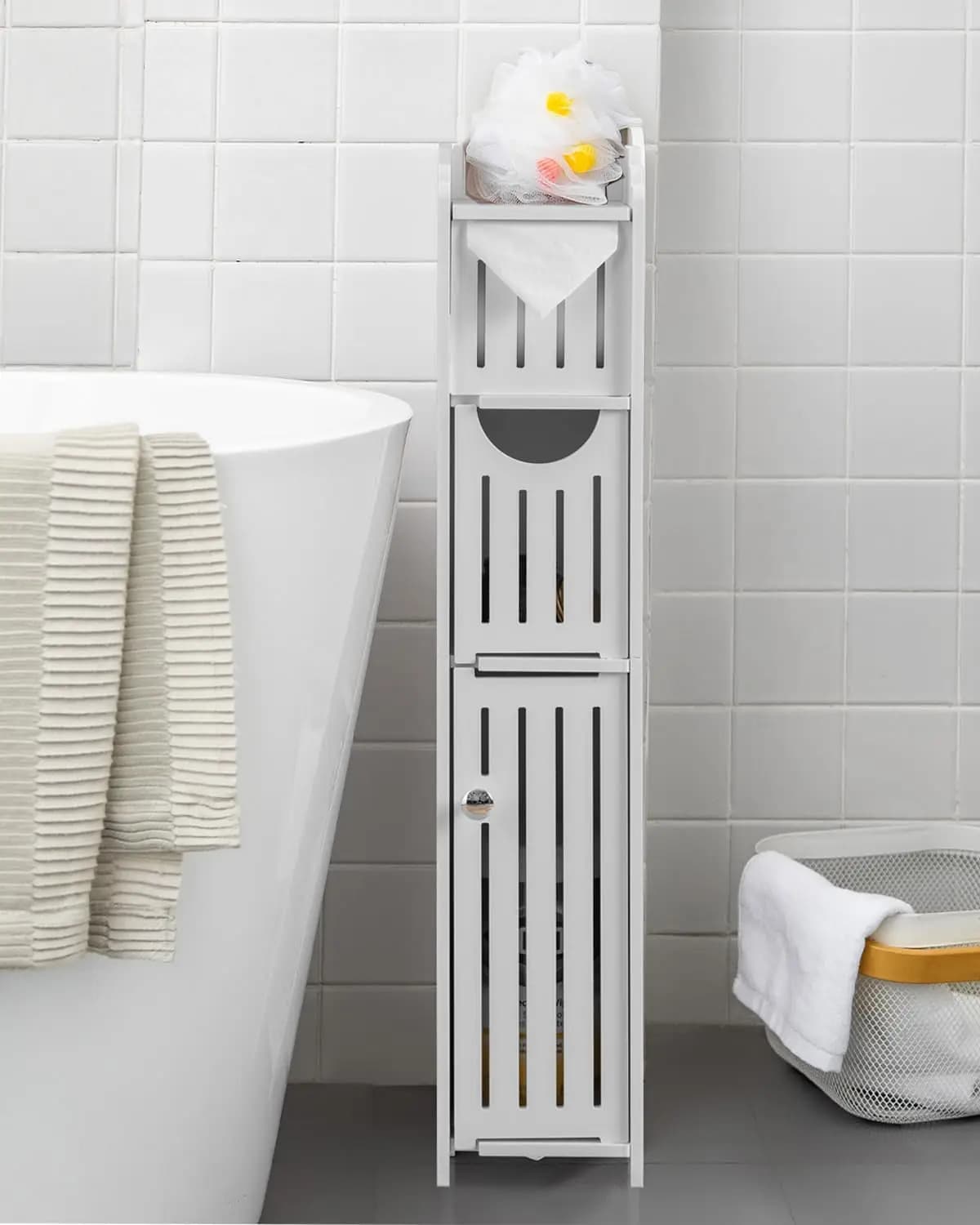 Piccolo mobiletto da bagno con porta carta igienica per mega rotoli, bianco