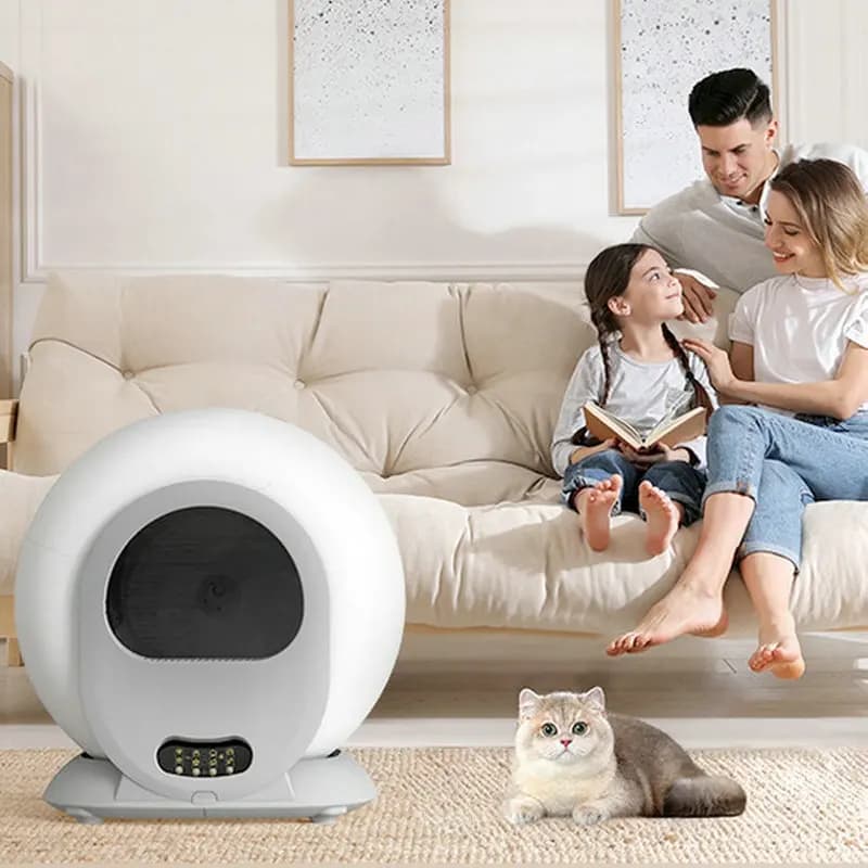 Light gray round cat litter box, APP controlled automatic deodorizing cat toilet, small volume and large capacity cat litter box