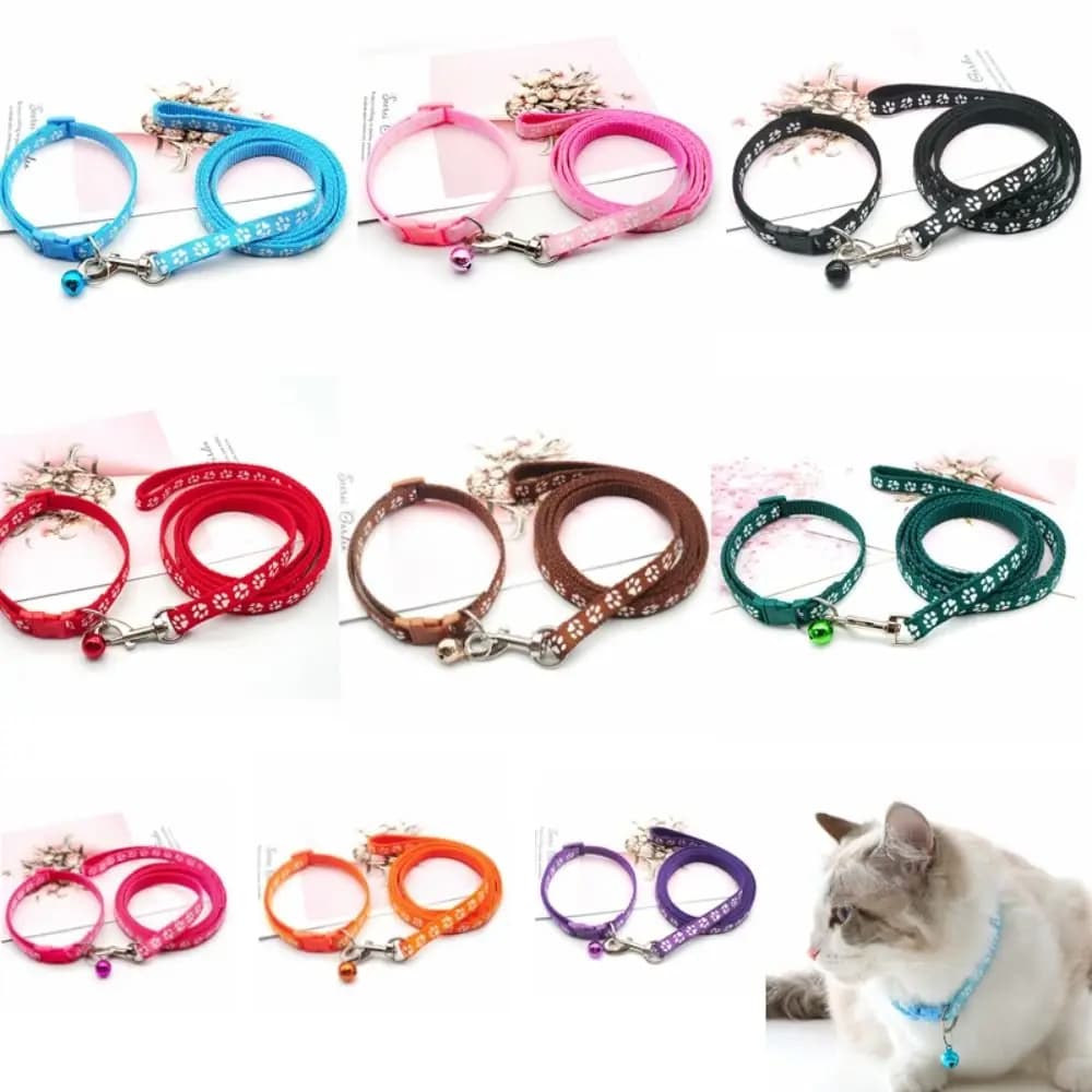 Simpatico set di imbracatura e guinzaglio per gatti in poliestere con motivo a zampa con cintura per imbracatura per cani a campana, gilet da passeggio colorato staccabile per animali domestici, coniglio