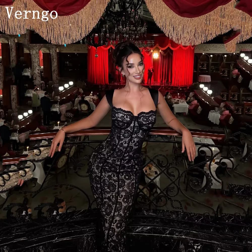 Verngo Black Lace Evening Dress Spaghetti Straps Mermaid Sexy Prom Gowns Women Elegant Lace Party Dresses Customized