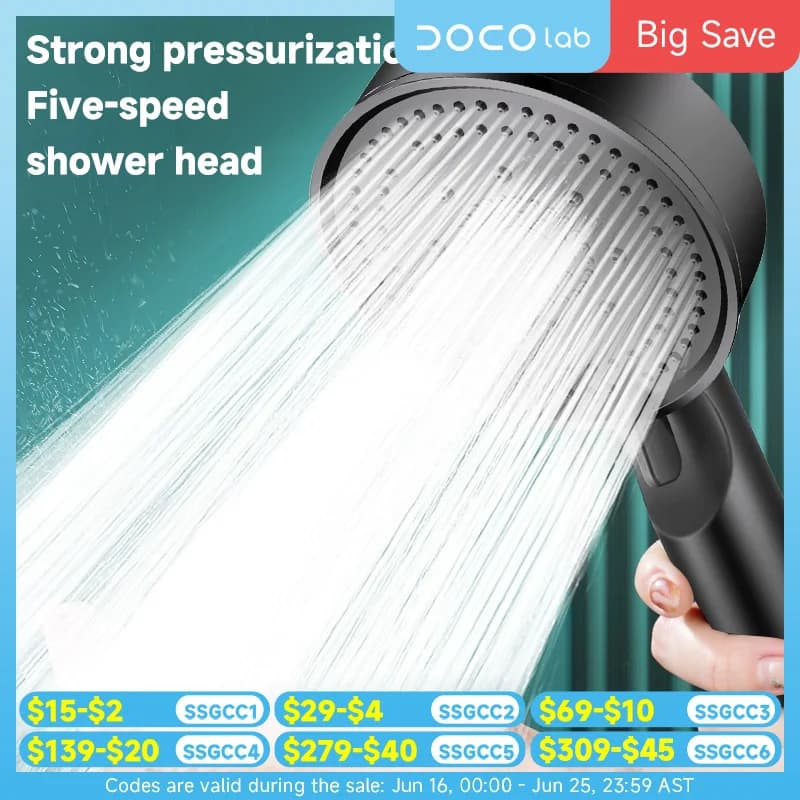 Pressure shower head with 5 modes, multifunctional, adjustable, large shower nozzle with water, massage, bathroom accessory