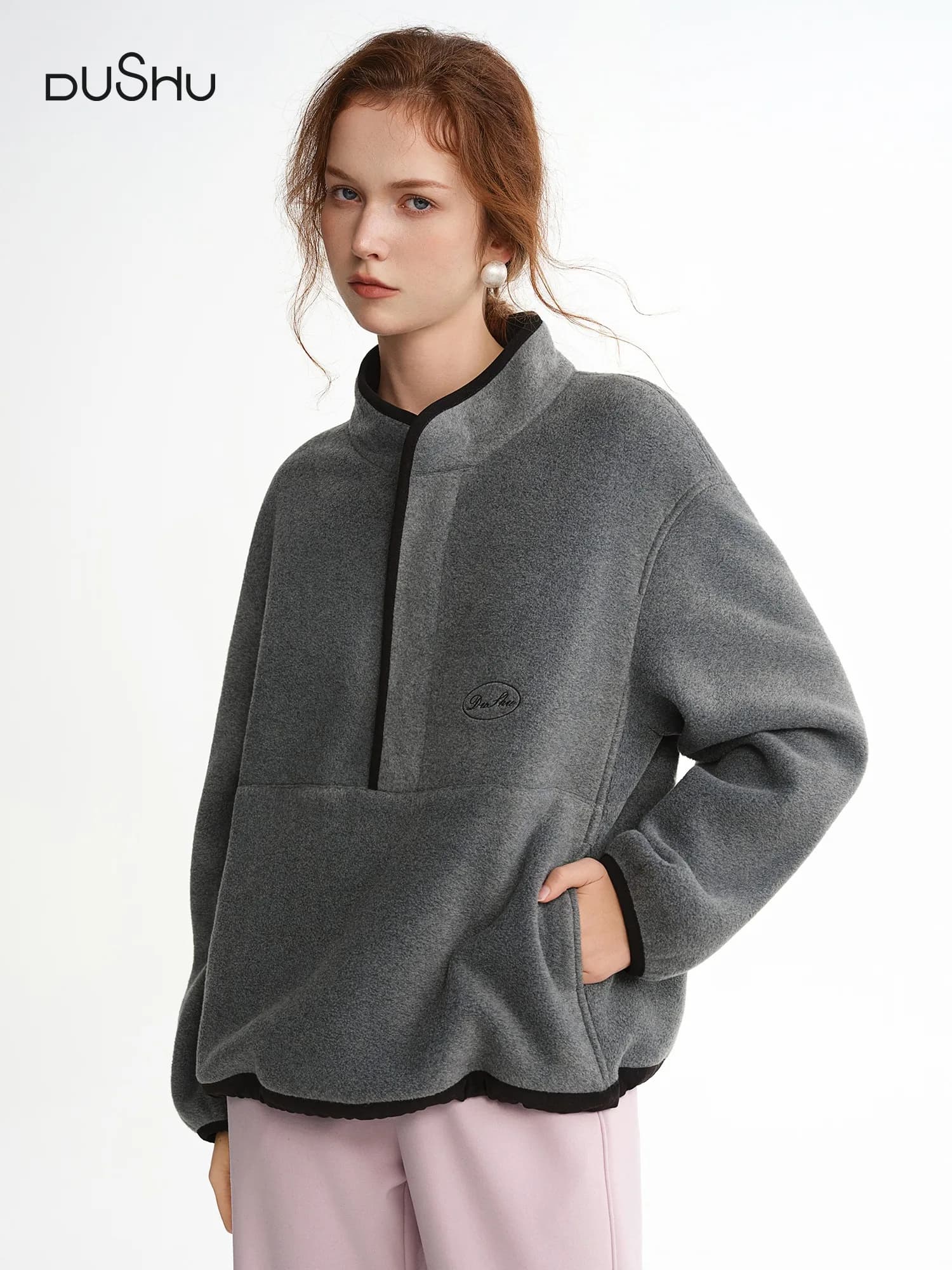 DUSHU 2025 Felpa invernale da donna in pile color block con colletto a mezza zip - Top a maniche lunghe slim fit per abbigliamento casual da esterno