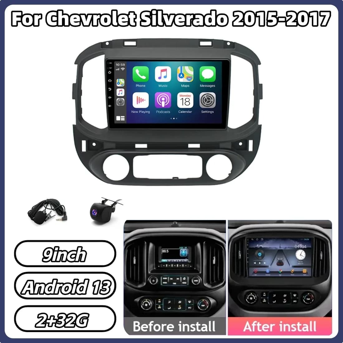 Android 13 9 inch autoradio with GPS and Navigation 2+32G for Chevrolet Silverado 2015-2017, compatible with Carplay and Android Auto, Bluetooth.