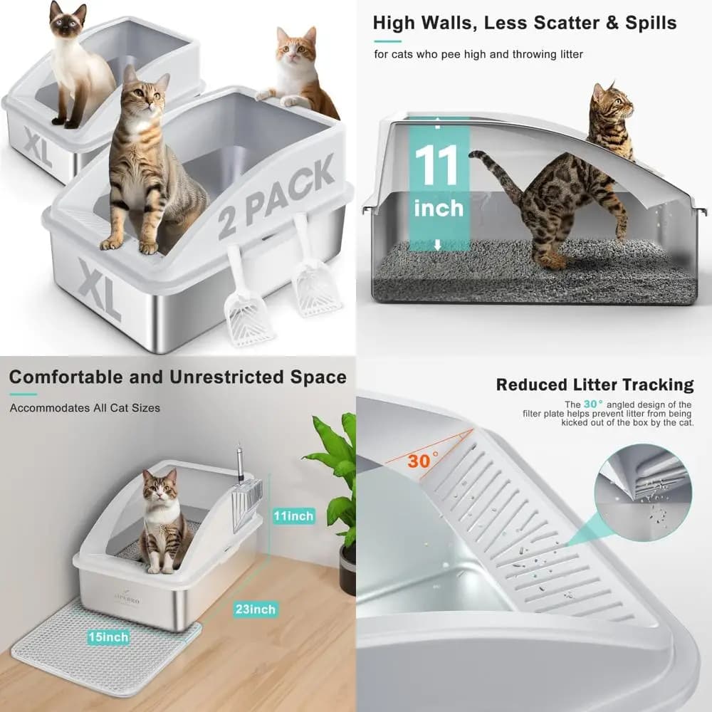 Scatole per lettiere extra large chiuse in acciaio inossidabile con lati alti per gatti grandi e multipli - Paraspruzzi anti-urina, XL Cat Litt