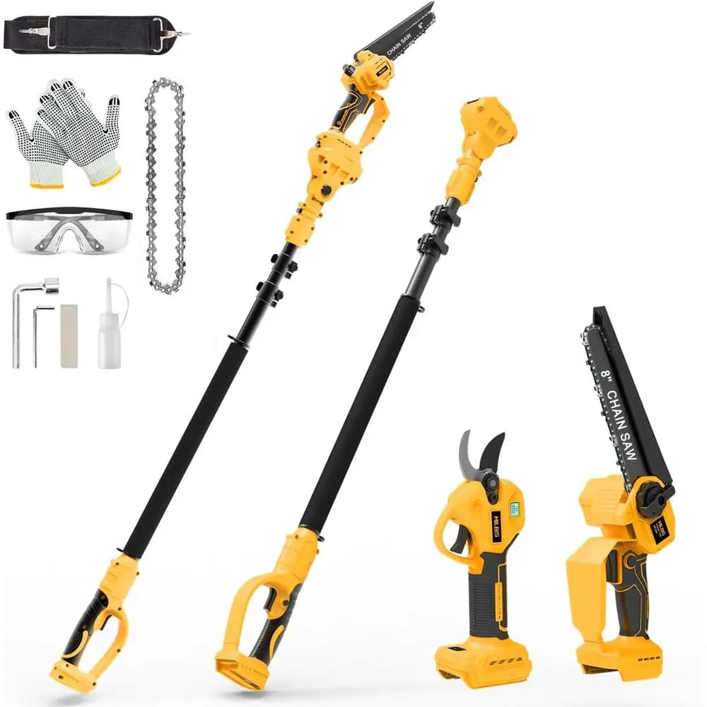 Seghetto a palo 4-in-1 senza fili e cesoie elettriche per potatura, o motosega mini a batteria da 20V con asta di prolunga da 8 pollici, portata 15 t, automatico