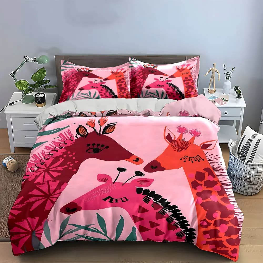 Set di biancheria da letto colorata con giraffa, morbida e delicata sulla pelle, include 1 copripiumino e 2 federe, regalo