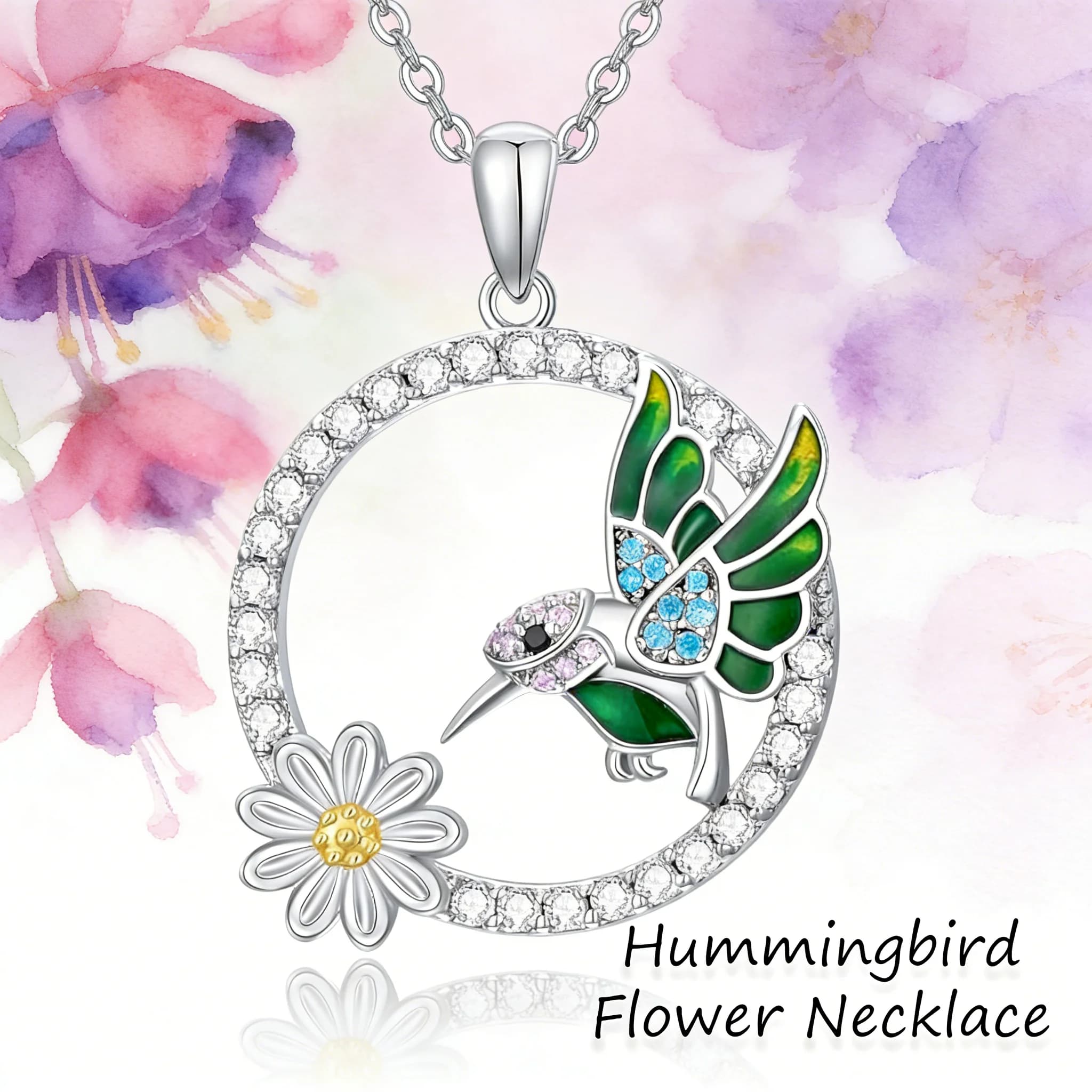 Zinc Alloy Enamel Hummingbird Daisy Necklace Full Faux Rhinestone Nature Inspired Gift for Women