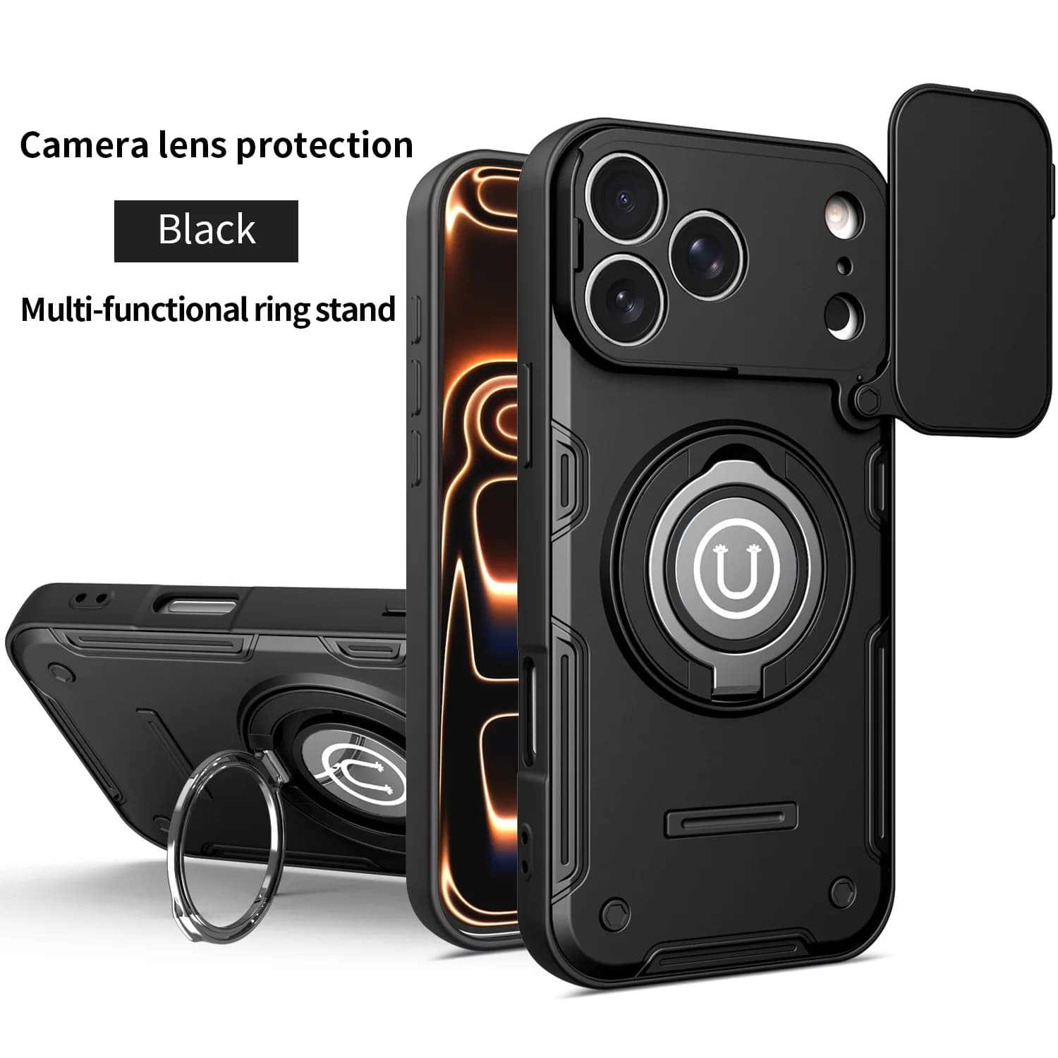 Cover Posteriore Antiurto con Protezione Lente Fotocamera Scorrevole e Anello Magnetico per iPhone 17 16 15 Pro Max, 17Pro 16Pro 15Pro