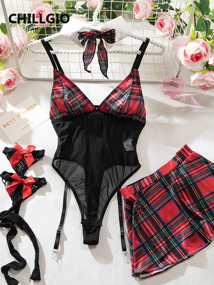 CHILLGIO Donna Plaid Stampa Body Gonne 4 Pezzi Set Moda Erotica Cosplay One Pieces Combinazione Con Spalline Pagliaccetti Lingerie