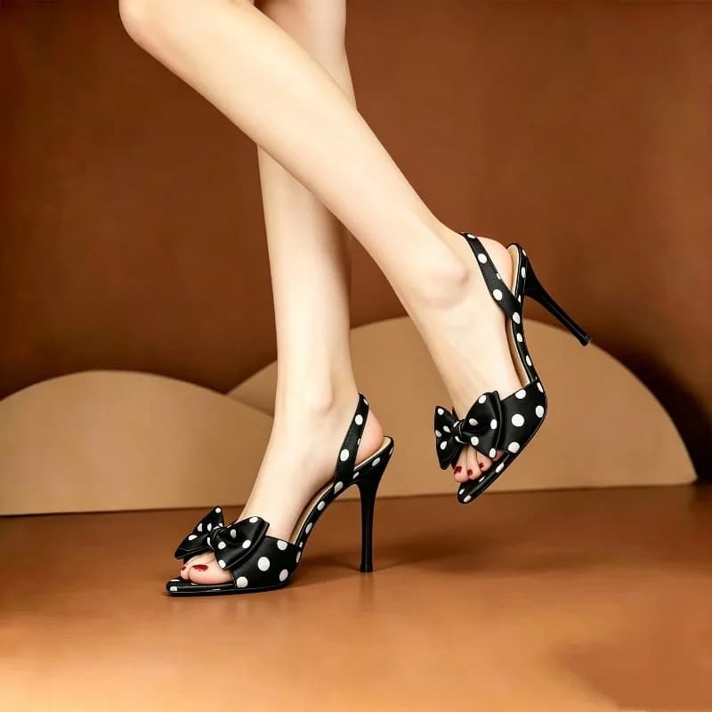 Sandali con tacco a spillo a punta con fiocco a pois alla francese, alla moda, versatili ed eleganti da donna