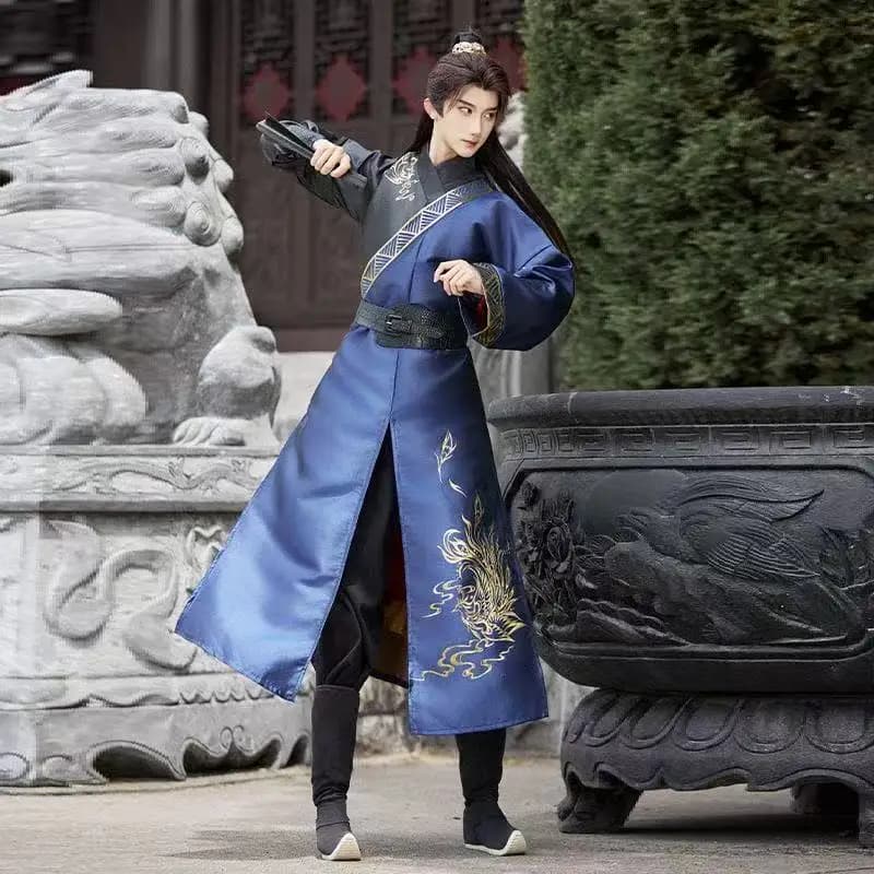 Heavy Industry Gold Woven Hanfu Men Women Traditional Chinese Cross Collar Long Robe Halloween Event Swordsman Cosplay Show Suit