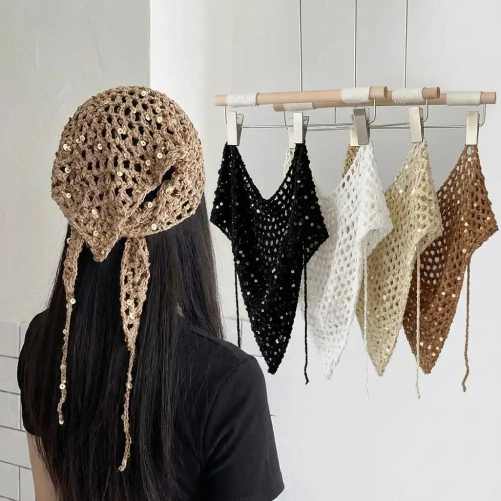 Fascia per capelli casual con paillettes, stile Ins, versatile, in maglia, a triangolo, traforata, stile Y2K, per foto e atmosfera