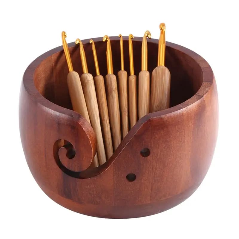 ABWR-Wooden Yarn Bowl Holder, Craft Knitting Bowl With 8Pcs Crochet Hooks,Yarn Holder Dispenser Yarn Storage Bowls Durable