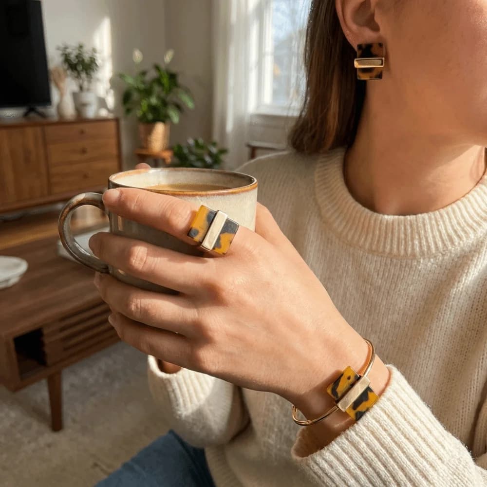 Elegante combinazione di bracciale, anello e orecchini in acrilico, gioielli semplici con stampa leopardata, design circolare, stile minimalista