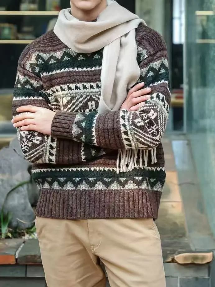 Spring And Autumn Men's And Women's Knitted Sweater With Flower Pattern, Half High Collar, Hooded, Long Sleeve, Retro Style