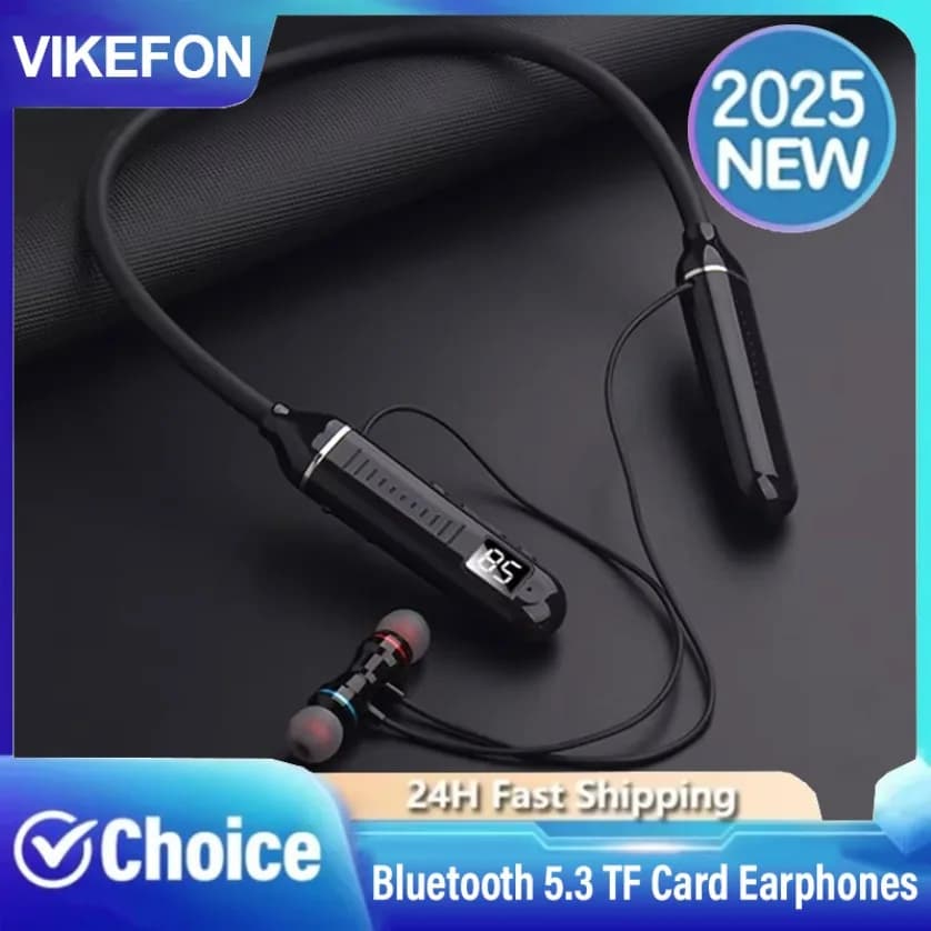 Waterproof Bluetooth 5.3 TF Card LED Display Wireless headphones with neck headset Stereo sports headphones with microphone