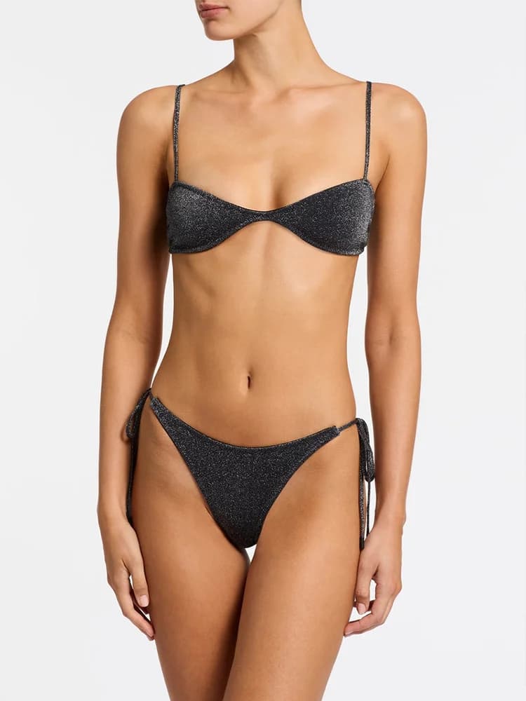 Costume da bagno nero lucido con lacci 2026, bikini sexy da donna, costume da bagno a stringhe, bikini brasiliano a tinta unita, abbigliamento da spiaggia
