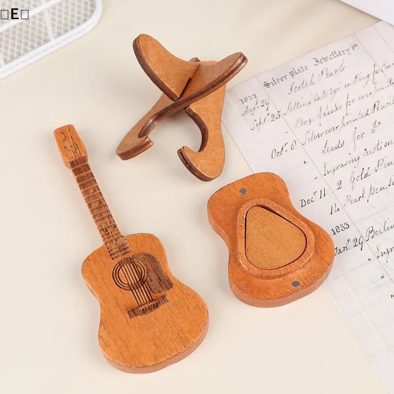 Scatola in legno per plettri da chitarra con 3 plettri incisi inclusi, custodia per plettri da chitarra per amanti e chitarristi
