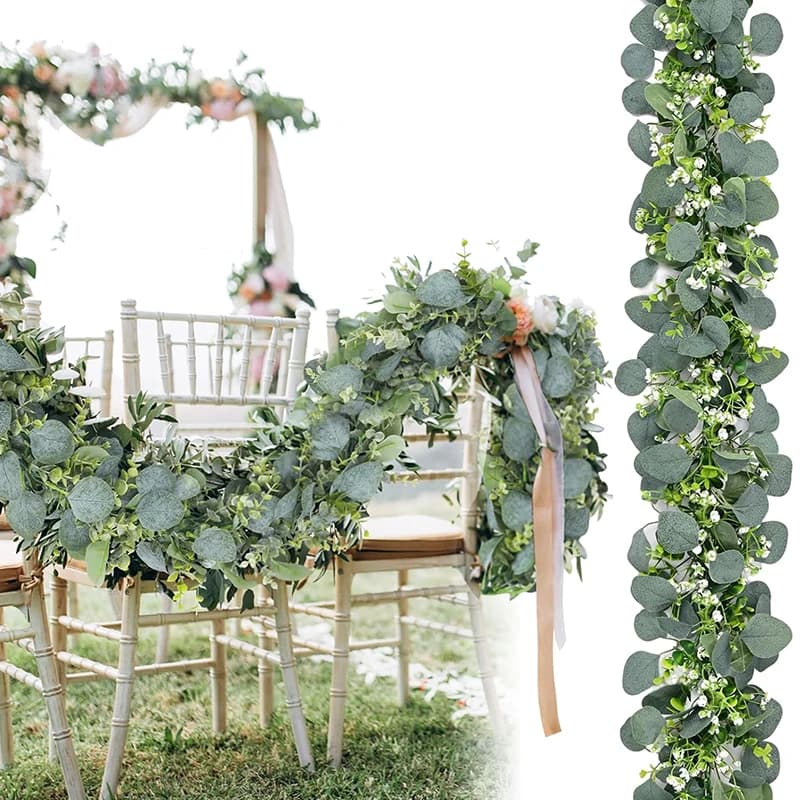 1.8M eucalyptus artificial rattan fake silver dollar leaves plant garland screws table runner for wedding bow decorations