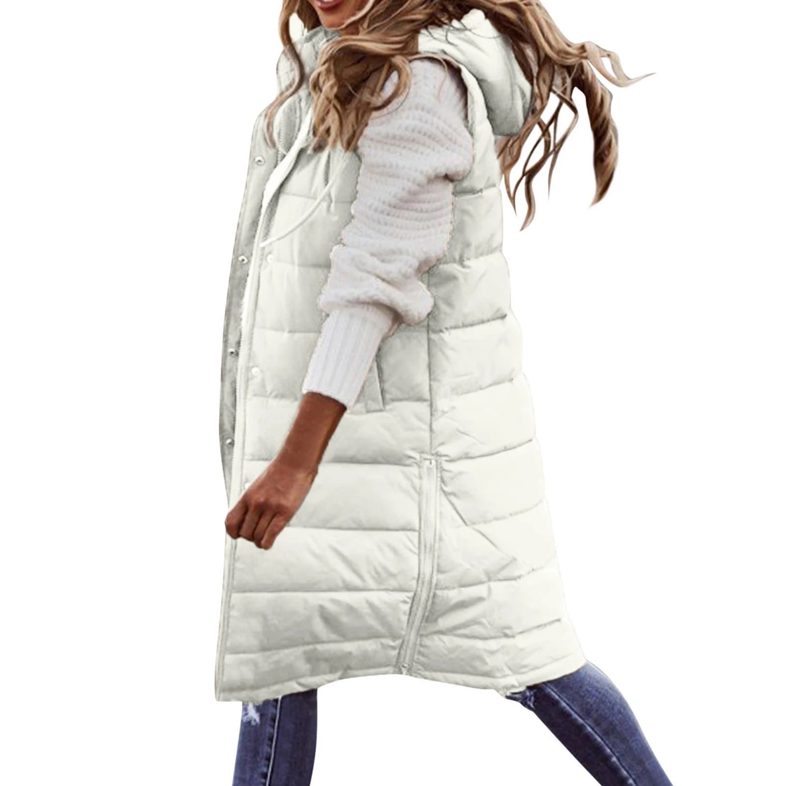 Gilet da donna Moda invernale Giacca lunga imbottita in ecopelle Cappotto con cappuccio Maniche bianche Gilet femminile Abiti chic Top