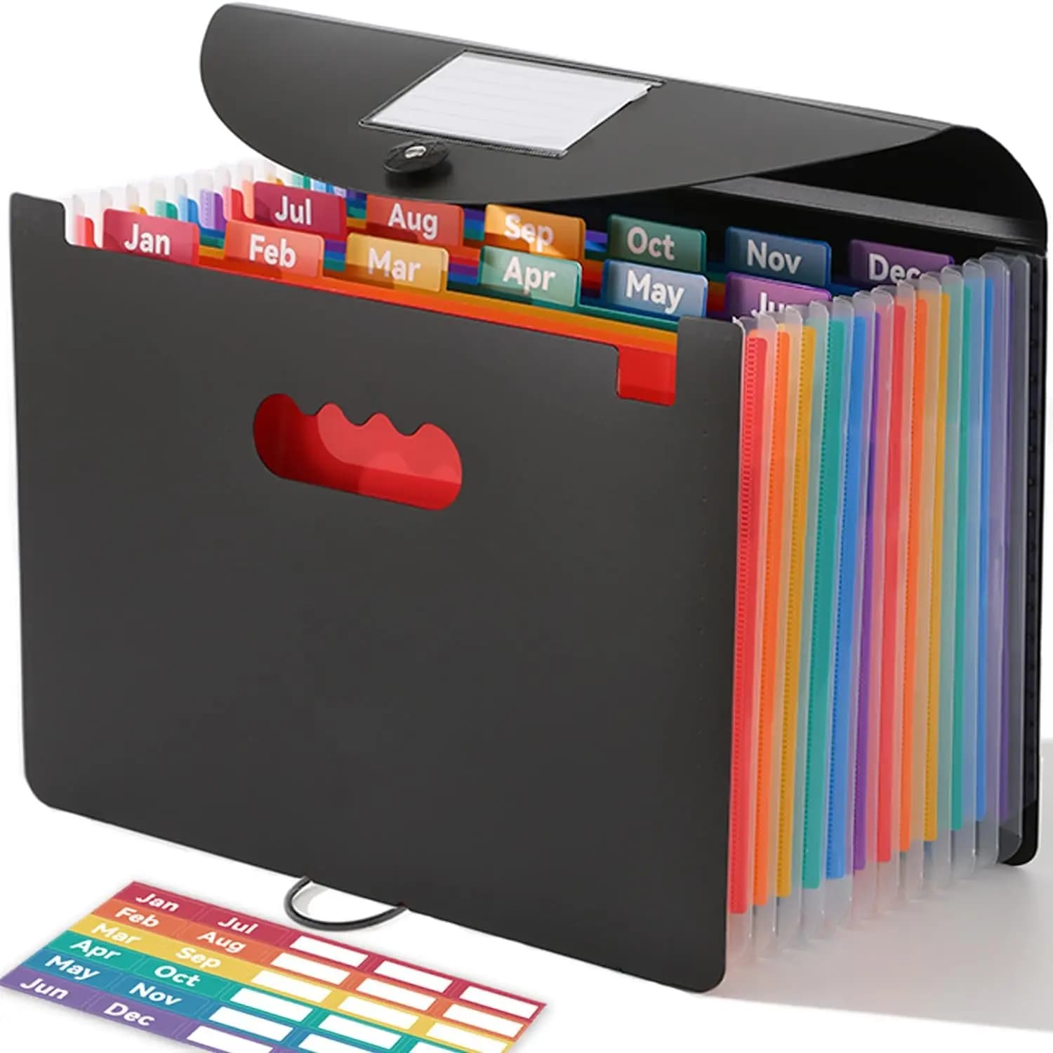 Organizzatore Mensile per Fatture a 12 Tasche, Cartella Espandibile a Fisarmonica con Linguette Colorate per Formato Letter/A4 - Nero