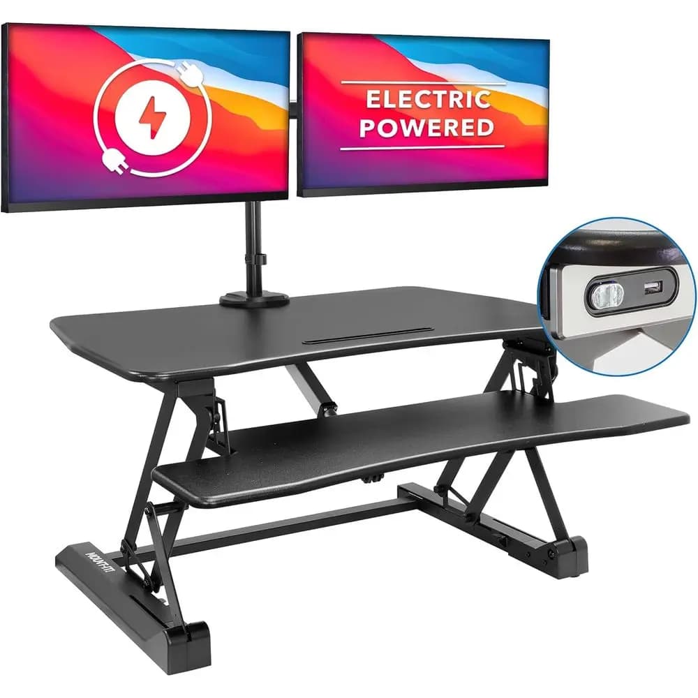 Convertitore Elettrico per Scrivania con Doppio Monitor, Superficie di Lavoro Larga 35,4 Pollici, Scrivania Regolabile in Altezza con Vassoio per Tastiera, Porta USB, Nero