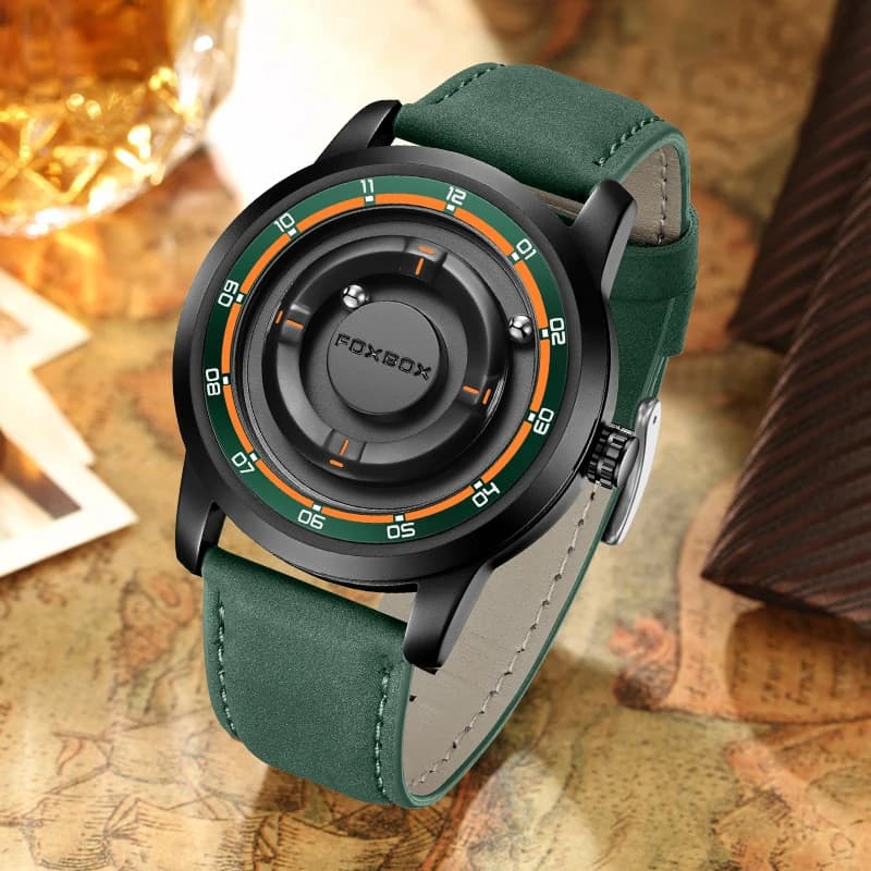 Orologio da uomo FOXBOX con quadrante unico al quarzo, alla moda, casual, sportivo, in pelle, con perline scorrevoli, orologio a forza magnetica, impermeabile, da uomo + scatola