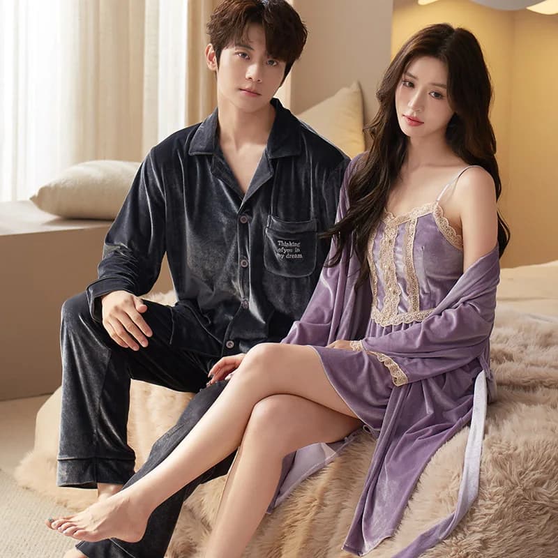 Lover Velour Men Shirt Pants Sleepwear Homewear Women Velvet Nightdress Bathrobe Gown Sleep Set Loungewear