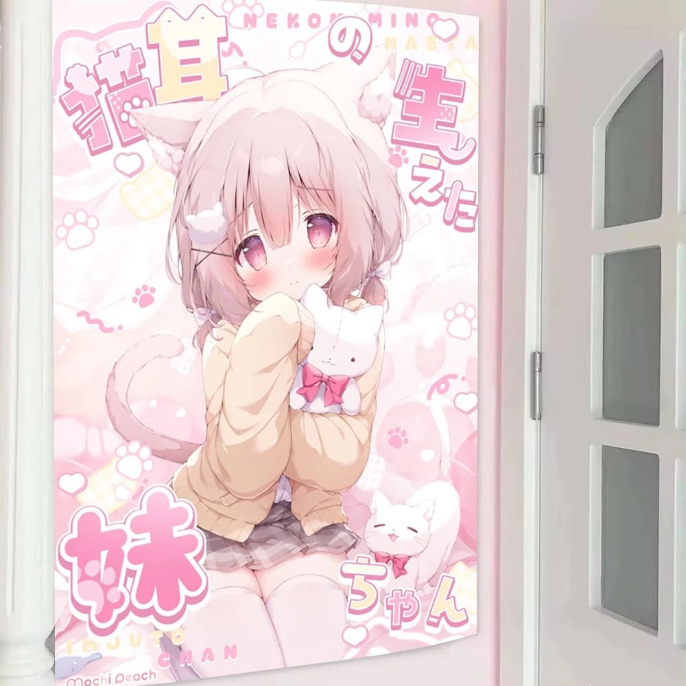 Cute Cat Ear Girl Anime Tapestry Kawaii Room Decor Hanging Cloth Bedroom Wall Atmosphere Decoration Accessories Backdrop