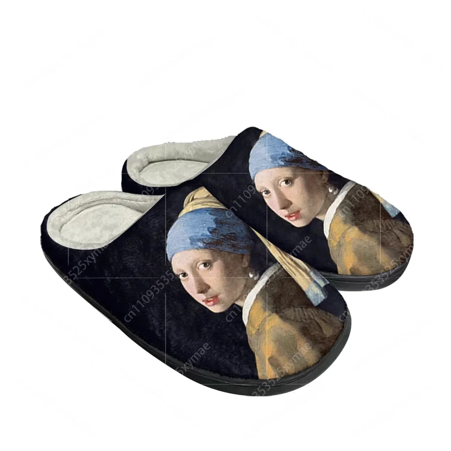 Pantofole in cotone da casa con motivo Ragazza con l'orecchino di perla, unisex, in peluche, per camera da letto, calde, termiche, da interno, personalizzabili