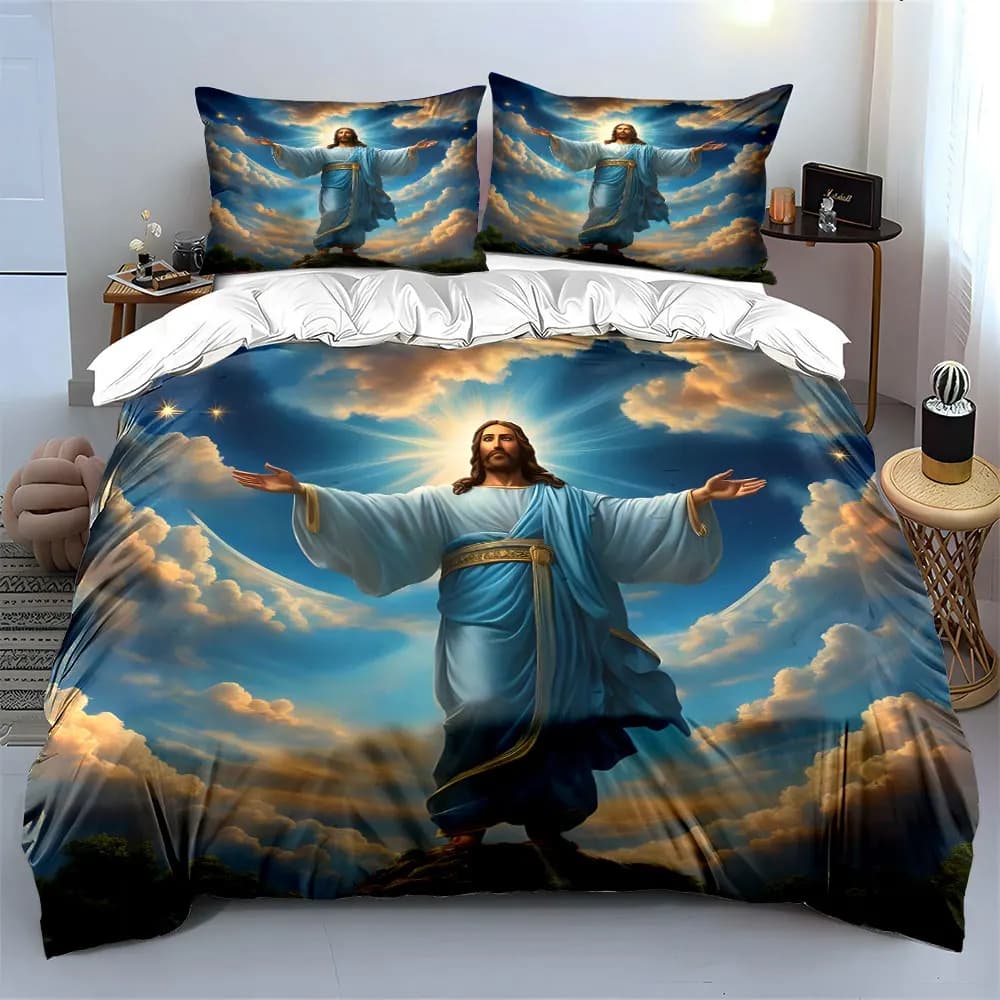 Figura radiosa in abito blu, braccia allungate. Set di biancheria da letto con copripiumino morbido e confortevole, include 1 copripiumino e 2 federe.