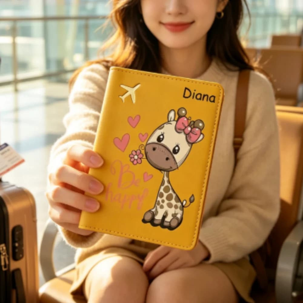 Personalized Custom Name Cute Giraffe Cartoon Passport Holder, Stylish Foldable Travel Accessory Gifts for Family Members
