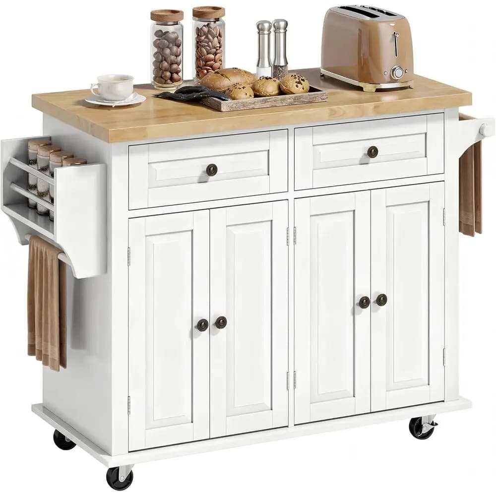 Carrello da Cucina Mobile 44 con Piano in Legno, Ripiani, Porta Spezie e Portasciugamani - Bianco