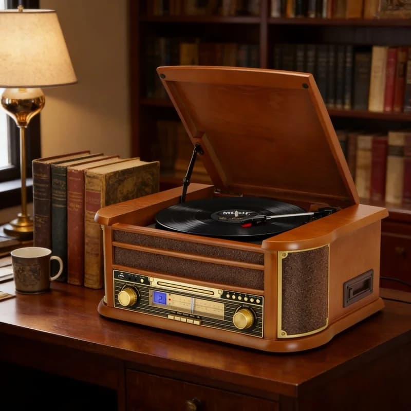 Giradischi Vintage Bluetooth con Altoparlante Stereo, Lettore CD e Cassette, Radio AM/FM e Registratore USB