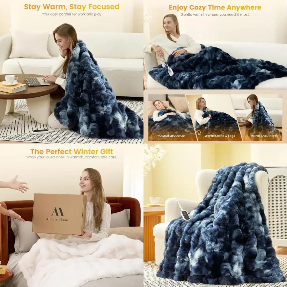 Coperta elettrica in pelliccia sintetica a bolle, 50x60, 8 livelli di calore, spegnimento automatico, protezione dal surriscaldamento, certificata ETL, blu tie-dye
