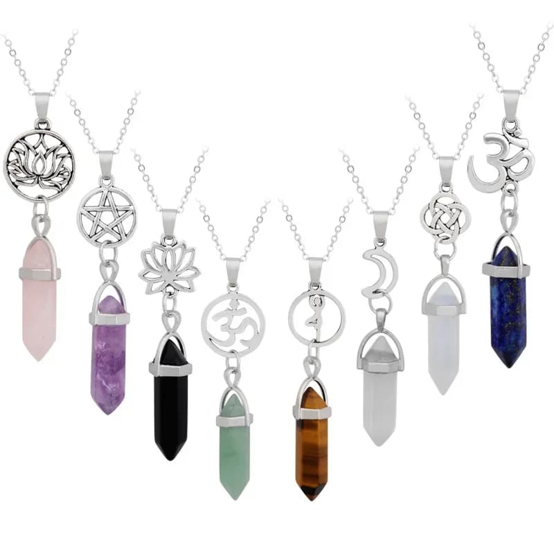 Collane con pendenti a punta esagonale in pietra naturale stile yoga, cristallo curativo, quarzo, fluorite, lapislazzuli, proiettile, pendolo, gioielli Chakra