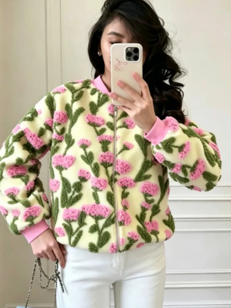 Glam 3D Floral Print Cropped Jacket Women Ribbed Cuff Stand Collar Zip Up Oversized Short Coat 2026 New Elegant Daily Streetwear