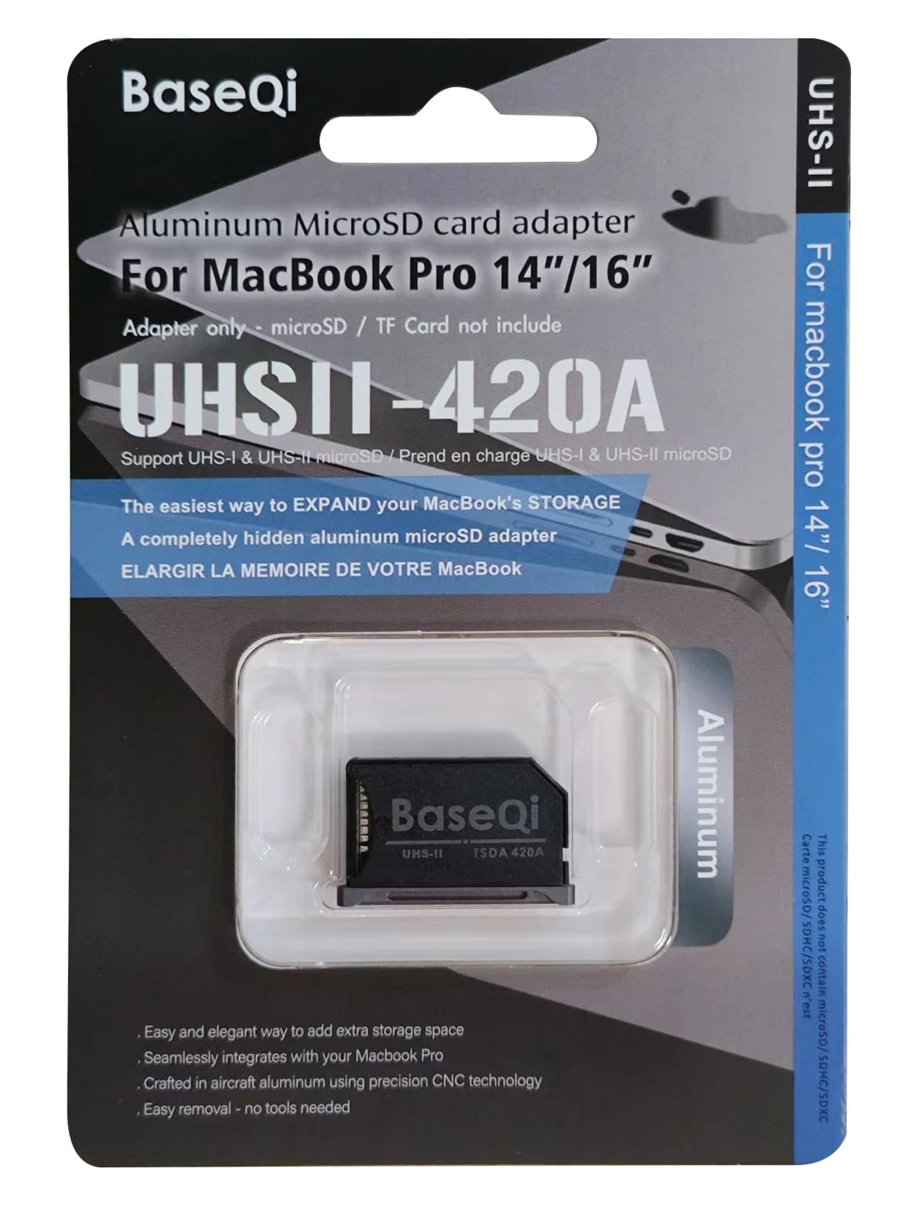 BaseQi MacBook 420AB Adattatore per scheda Micro SD/TF invisibile in alluminio nero per MacBook Pro Retina Lettore di schede SD da 14/16 pollici