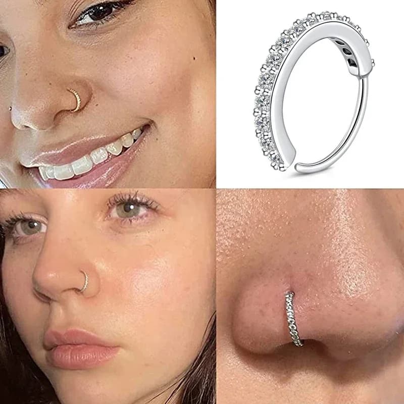 Anello al naso finto con zirconi cubici per le donne Acciaio inossidabile Rotondo Cartilagine Trago Elica Orecchio Naso Piercing Falso Nariz Gioielli per il corpo