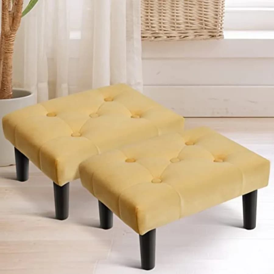 Piccolo Pouf Ottoman in Velluto con Gambe in Legno, Poggiapiedi per Divano, Seduta Extra per Soggiorno e Ingresso
