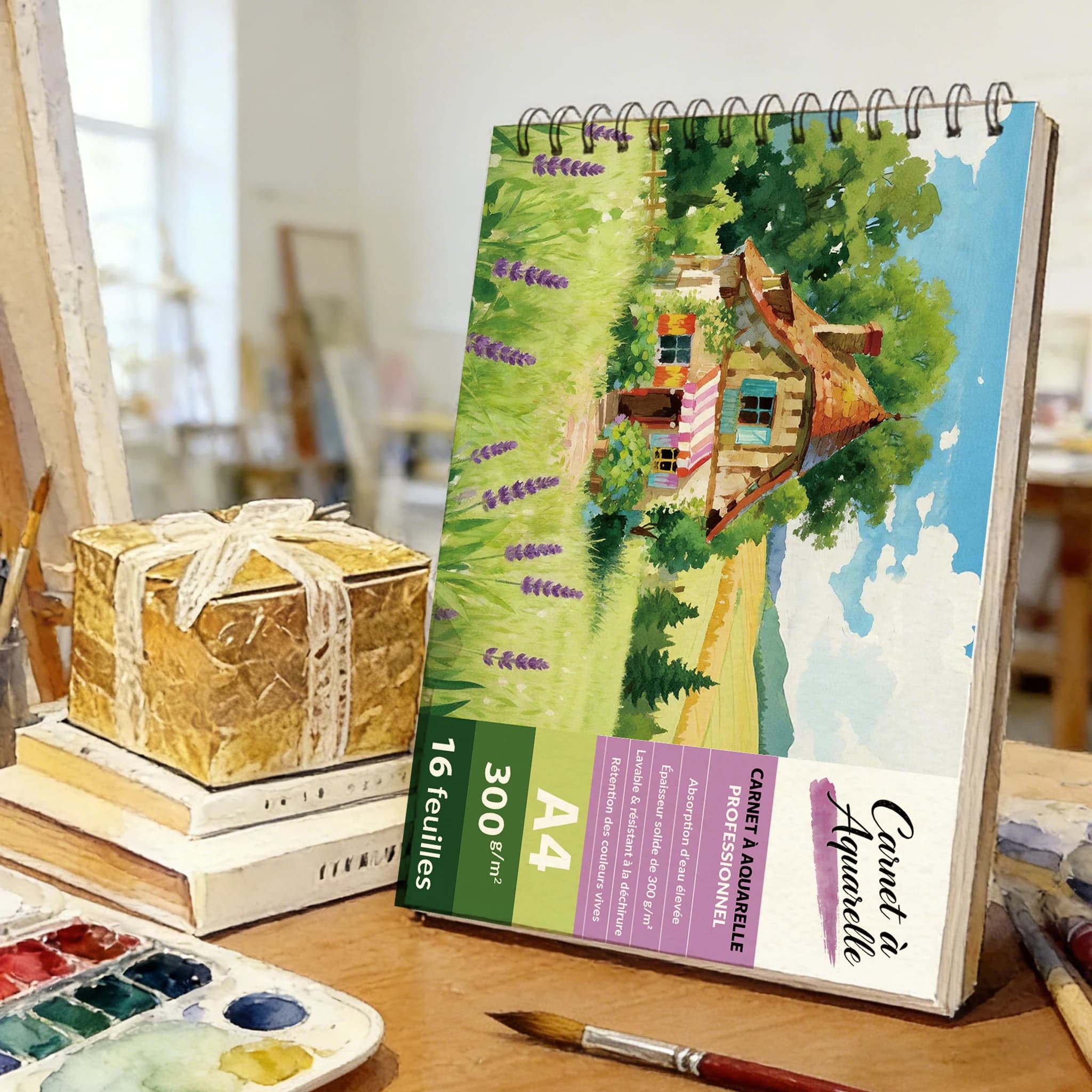 A4Spiral Watercolor Sketchbook, 300GSM Thick Acid-Free Art Paper, 16 Sheets, Art Painting Notebook with Pastoral Cottage & Laven