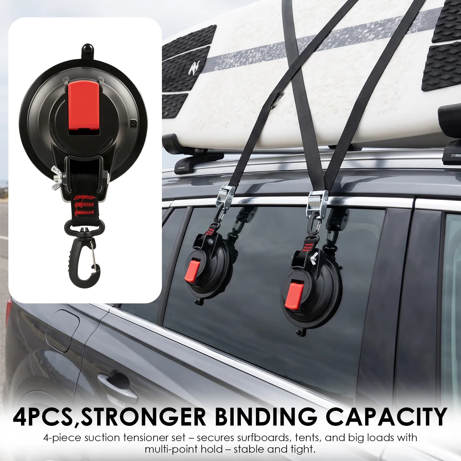 4Pcs Heavy Duty Suction Cup Anchor Car Awning Vacuum Tie Down Hook with Securing Webbing for RV Camping Tent Boat Surfboard