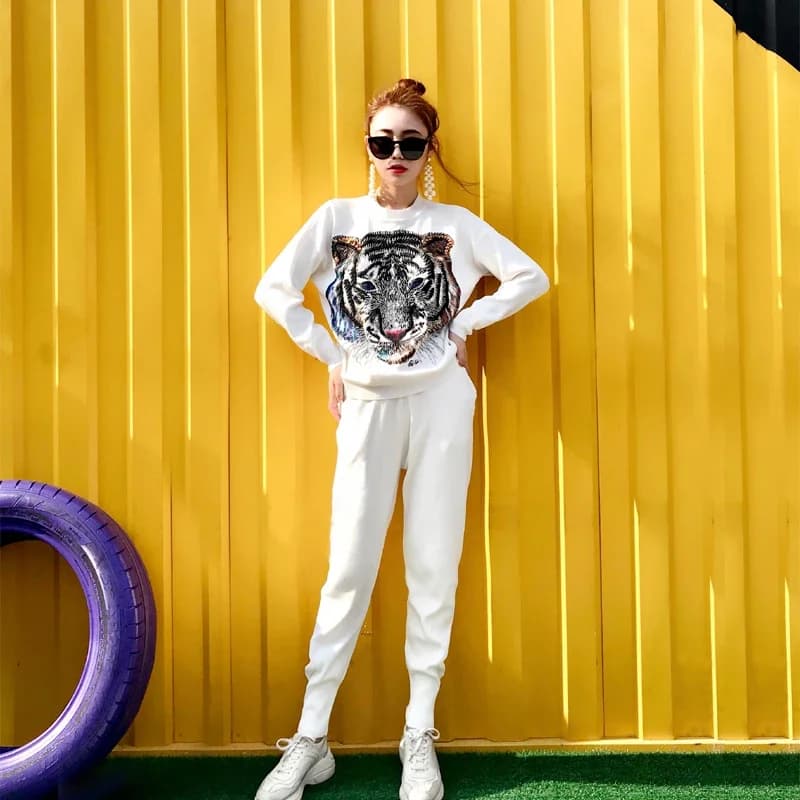 O Neck Long sleeve Women Knit Tracksuit Outfits Manual Beaded Tiger Print Pullover Pencil Pants Casual Knitted Sets Black White