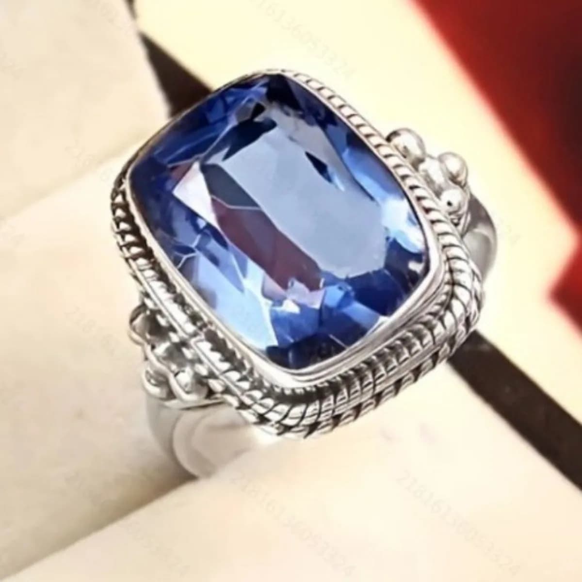 Anello rettangolare con zaffiro da donna, stile etnico vintage effetto invecchiato, anello geometrico regolabile