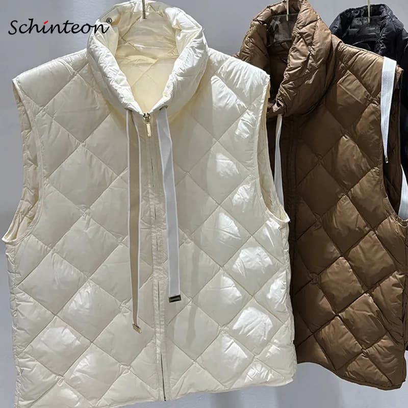 Schinteon Women 90% White Duck Down Vest Casual Sleeveless Jacket Stand Collar Argyle Simple Fashionable Autumn Winter Top New
