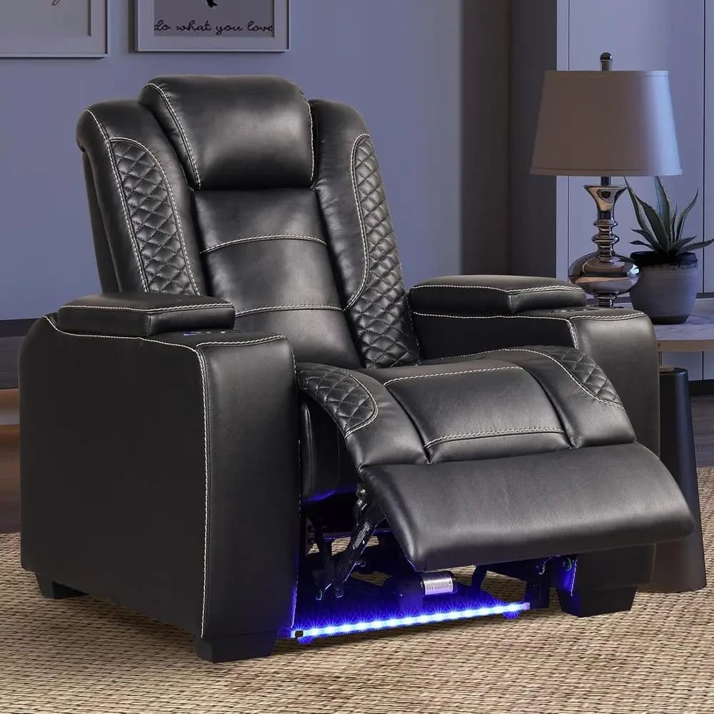 Poltrona Reclinabile Elettrica da Gaming con Poggiatesta Regolabile, Sedia da Cinema in Pelle, Portabicchieri, Luci LED, Porta USB, Vano Portaoggetti Nascosto, Nera