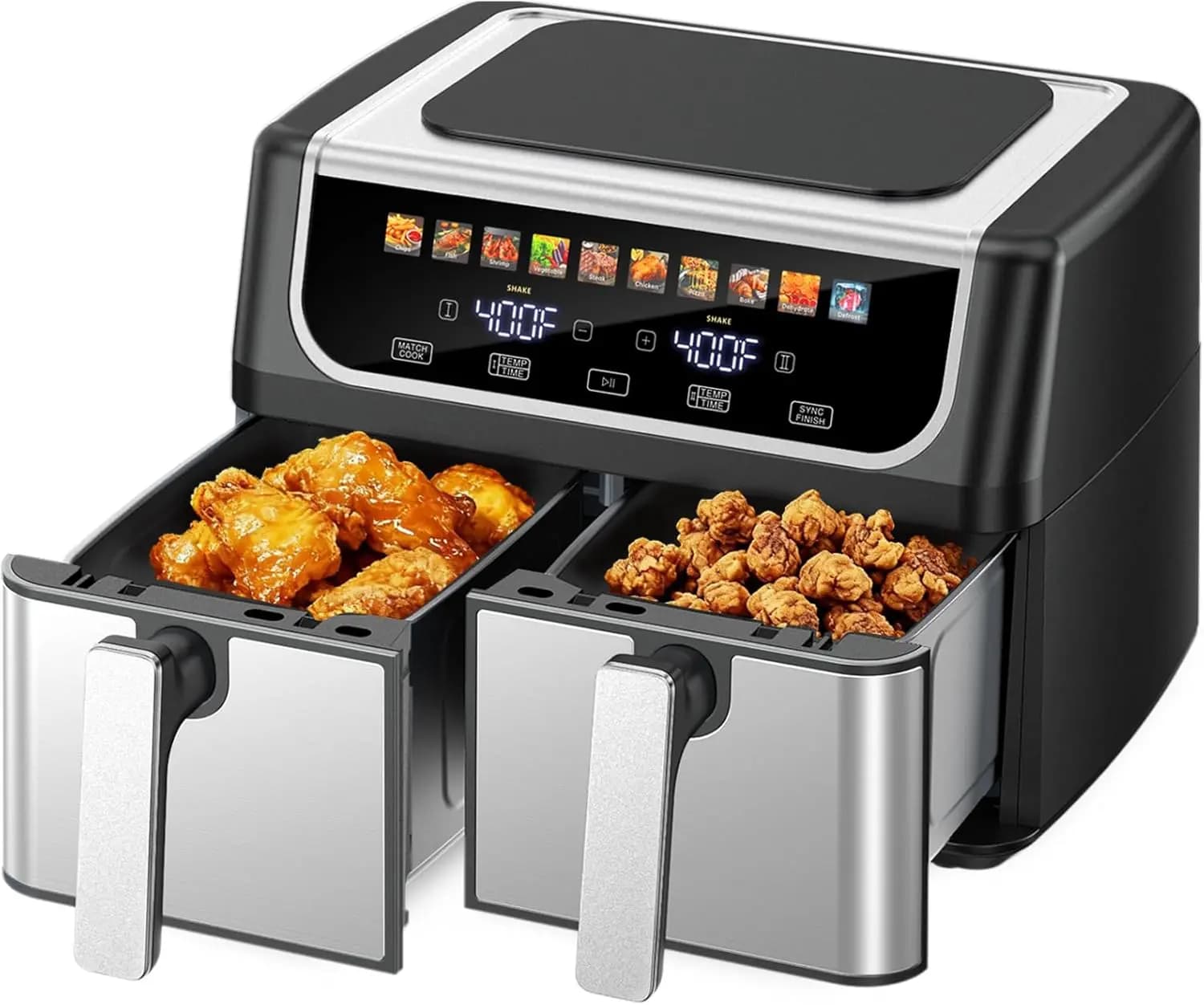 Air fryer with Double basket, 9.5 Liters Large Air Fryer with Double basket, Black