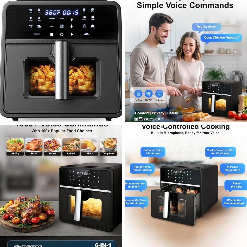 Emerson SmartVoice 10QT 6-in-1 Air Fryer 1700W, 1000+ Voice Control Commands, 100+ Recognized Foods, No APP No WIFI No
