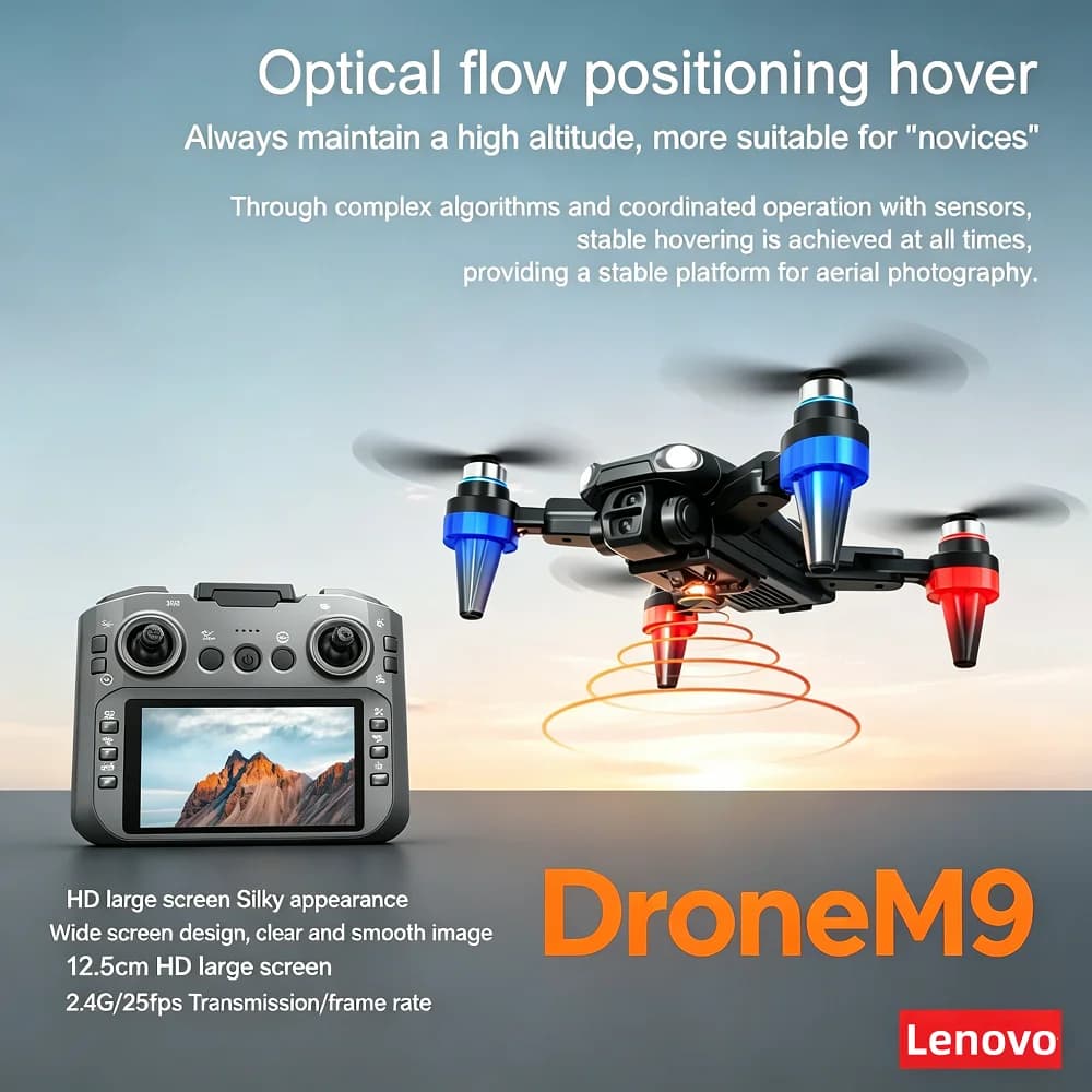 Drone GPS Lenovo M9 con Doppia Fotocamera 4K, Motore Brushless 8K, Posizionamento Ottico, Schermo da 12,5 Pollici, Telecomando, Volo con Traiettoria Programmata